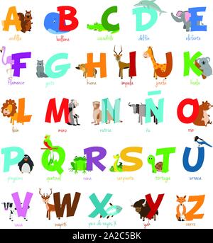 Cute cartoon Zoo illustrierte Alphabet mit lustigen Tieren. Spanische Alphabet. Lernen zu lesen. Isolierte Vector Illustration. Stock Vektor