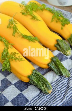 Gelbe Zucchini mit Koriander Blätter auf einem Tisch frisch von meinem Zuteilung in Nijmegen in den Niederlanden geerntet Stockfoto