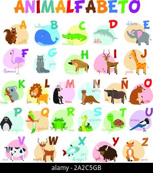 Cute cartoon Zoo illustrierte Alphabet mit lustigen Tieren. Spanische Alphabet. Lernen zu lesen. Isolierte Vector Illustration. Stock Vektor