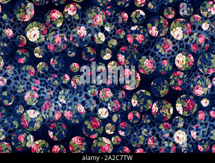 Nahtlose Blumen textile Design mit Leopard und Plaid auf dunkelblauem Hintergrund für Textildruck. Stockfoto