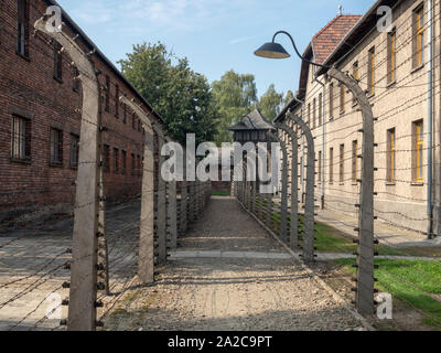 Stacheldraht im Konzentrationslager Auschwitz-Birkenau, Polen Stockfoto