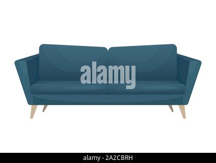 Moderne, elegante blaue Sofa mit hölzernen Beinen. Isolierte Vector Illustration. Stock Vektor