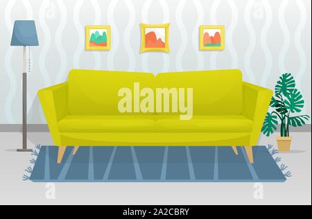 Die flache trendige Einrichtung verfügt über einen hölzernen Beinen Sofa und Bilder an der Wand. Flache Vector Illustration Stock Vektor