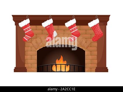 Gemauerten Kamin mit Feuer und Weihnachtssocken für Geschenke. Weihnachten flach Vector Illustration. Stock Vektor