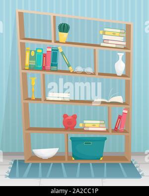 Regal mit Büchern, Kerzen, Vasen und andere Accessoires. Flache Vector Illustration. Stock Vektor