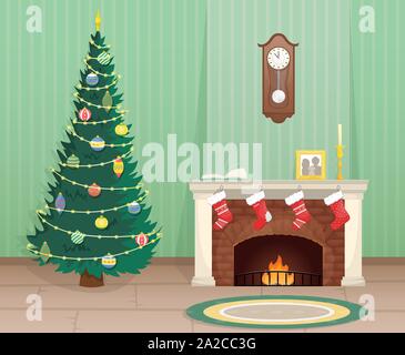 Wohnzimmer mit Weihnachtsbaum und gemauerten Kamin mit Weihnachten Socken für Geschenke. Weihnachten flach Vector Illustration. Stock Vektor