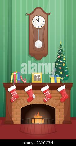 Wohnzimmer mit Weihnachten Zimmer und gemauerten Kamin mit Weihnachten Socken für Geschenke. Weihnachten flach Vector Illustration. Stock Vektor