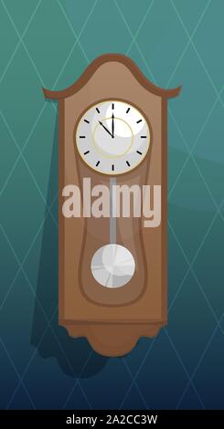 Alte hölzerne Uhr mit rundem Ziffernblatt und Pendel. Flache Vector Illustration. Stock Vektor