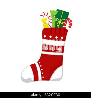 Weihnachten Socke mit Geschenken und Lutscher. Flache vektor Weihnachten Abbildung. Stock Vektor