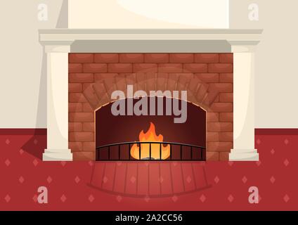 Gemauerten Kamin in klassische Einrichtung mit weißen dekorative Elemente. Die Wärme vom Feuer in der Wohnung. Flache Vector Illustration. Stock Vektor