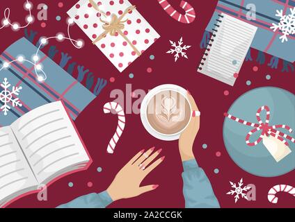 Weihnachten flach mit einer wolle Kleiderschrank, ein Buch, einen Kranz und Weihnachten Geschenke. Mädchen Hände mit einer Tasse Cappuccino. Weihnachten flach Vektor illustrati Stock Vektor