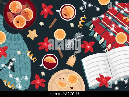 Weihnachten flach mit einer wolle Kleiderschrank und Pullover, ein Buch, eine Girlande und Orangenscheiben, Glühwein. Weihnachten flach Vector Illustration. Stock Vektor