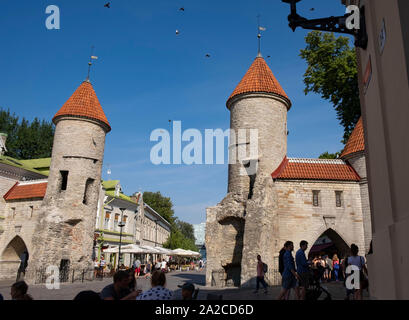 Low Angle View von berühmten Viru Tor in der Viru Straße in der Altstadt von Tallinn, Estland Stockfoto