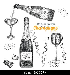 Set hand gezeichnete Skizze Flasche und Gläser Champagner, Vintage Design bar, restaurant, cafe Menü auf weißem Hintergrund. Grafik vektor Art Kreativ Stock Vektor
