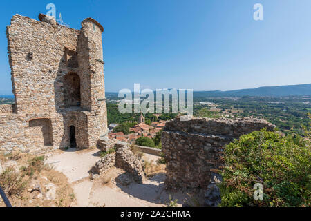 Die Burgruine in Grimaud, Var, Südfrankreich halten. Stockfoto