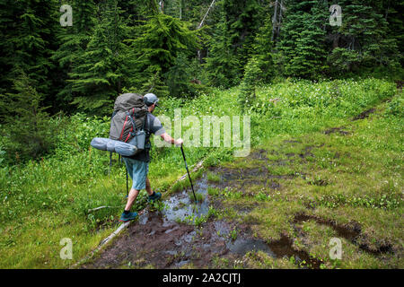 Ein Mann Wanderungen entlang einer Spur für ein Wochenende in die Berge. Stockfoto