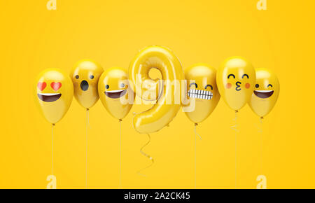 Nummer 9 gelb Geburtstag emoji Gesichter Luftballons. 3D-Rendering Stockfoto