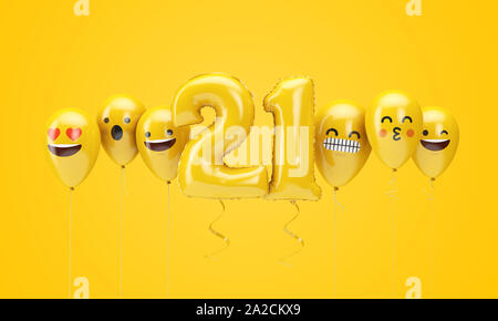 Nummer 21 gelb Geburtstag emoji Gesichter Luftballons. 3D-Rendering Stockfoto