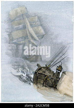 South Shoal Feuerschiff Warnung ein Clipper Ship von Fischschwärmen aus Nantucket Island, 1890. Hand - farbige Holzschnitt Stockfoto