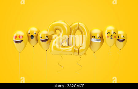 Nummer 20 gelb Geburtstag emoji Gesichter Luftballons. 3D-Rendering Stockfoto