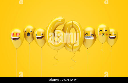 Nr. 60 gelb Geburtstag emoji Gesichter Luftballons. 3D-Rendering Stockfoto