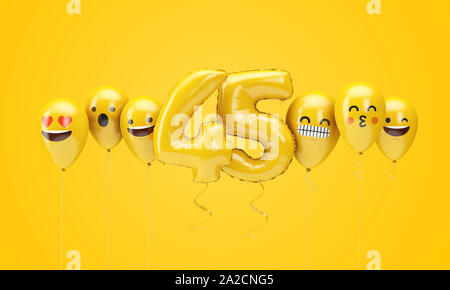 Nummer 45 gelb Geburtstag emoji Gesichter Luftballons. 3D-Rendering Stockfoto