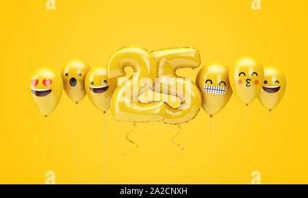 Nr. 25 gelb Geburtstag emoji Gesichter Luftballons. 3D-Rendering Stockfoto