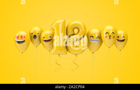 Nummer 18 gelb Geburtstag emoji Gesichter Luftballons. 3D-Rendering Stockfoto