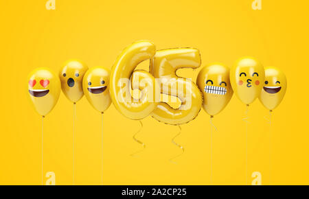 Nummer 65 gelb Geburtstag emoji Gesichter Luftballons. 3D-Rendering Stockfoto