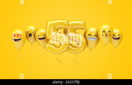 Nummer 55 gelb Geburtstag emoji Gesichter Luftballons. 3D-Rendering Stockfoto