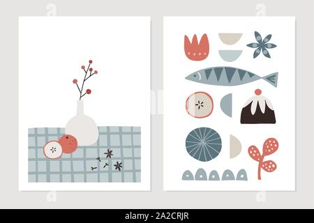 Retro Weihnachten skandinavischen Grußkarten, Einladungen. Abstrakte geometrische Essen Objekte, Icons. Checkered Plaid, Vase mit Stechpalme Beeren, Äpfel Stock Vektor