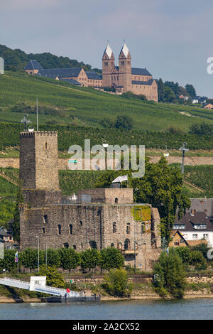 Skyline von Rüdesheim am Rhein, Abtei St. Hildegard an der Rückseite, Benediktinerkloster, Brömserburg mit der Rheingauer Weinmuseum in der Vorderfront, Stockfoto