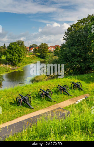 Militärische Kanonen entlang der Vold militärischen Damm Wälle in Fredericia, Dänemark. Stockfoto