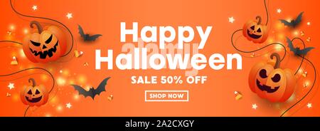 Happy Halloween Verkauf Banner mit Kürbissen, Sterne, gestreifte Candy und Fledermäuse auf orange Hintergrund für Prospekte, Broschüren, Einladungen, Plakate oder Banner Stock Vektor