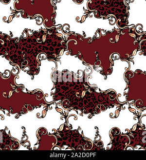 Nahtlose farbige Muster von Leopard und Barock, Patch für Print, Gewebe, textile Design auf weißem Hintergrund. Stockfoto