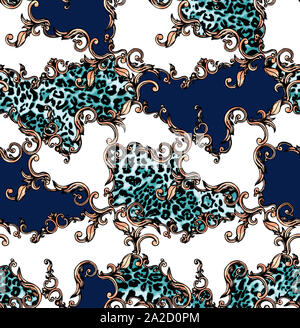 Nahtlose farbige Muster von Leopard und Barock, Patch für Print, Gewebe, textile Design auf weißem Hintergrund. Stockfoto