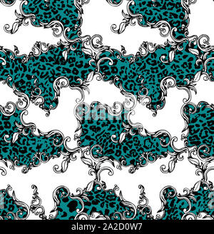 Nahtlose farbige Muster von Leopard und Barock, Patch für Print, Gewebe, textile Design auf weißem Hintergrund. Stockfoto