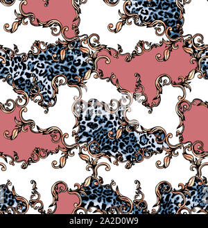 Nahtlose farbige Muster von Leopard und Barock, Patch für Print, Gewebe, textile Design auf weißem Hintergrund. Stockfoto