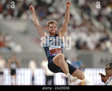 Doha, Katar. 02 Okt, 2019. Athletik, Weltmeisterschaft, Wm, IAAF, Khalifa International Stadium: Decathlon: Kevin Mayer aus Frankreich im Weitsprung. Quelle: Michael Kappeler/dpa/Alamy leben Nachrichten Stockfoto