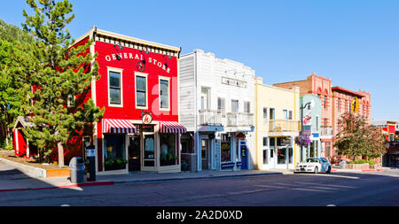 Gebäude entlang der Straße, Main Street, Park City, Utah, USA Stockfoto