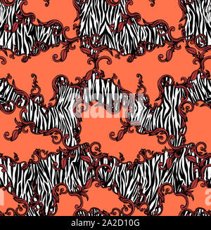 Nahtlose farbige Muster von Zebra und Barock, Patch für Print, Gewebe, textile Design auf Korallen Hintergrund. Stockfoto