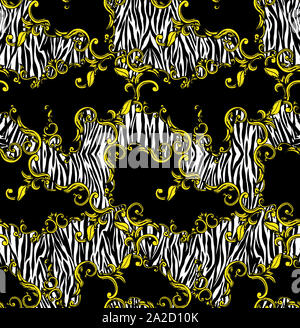 Nahtlose farbige Muster von Zebra und Barock, Patch für Print, Gewebe, textile Design auf schwarzem Hintergrund. Stockfoto