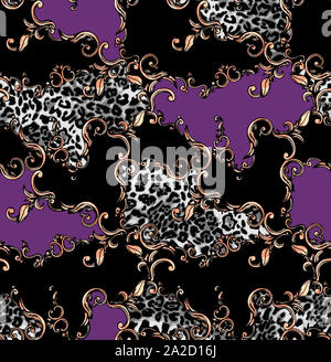 Nahtlose farbige Muster von Leopard und Barock, Patch für Print, Gewebe, textile Design auf schwarzem Hintergrund. Stockfoto