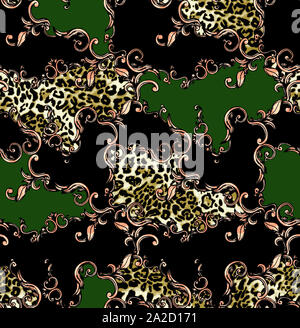 Nahtlose farbige Muster von Leopard und Barock, Patch für Print, Gewebe, textile Design auf schwarzem Hintergrund. Stockfoto