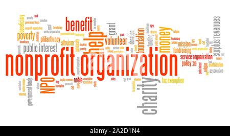 Gemeinnützige Organisationen mit Fragen und Konzepte Wort cloud Abbildung. Wort collage Konzept. Stockfoto