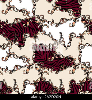 Nahtlose farbige Muster von Leopard und Barock, Patch für Print, Gewebe, textile Design auf weißem Hintergrund. Stockfoto