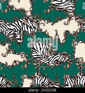 Nahtlose farbige Muster von Zebra und Barock, Patch für Print, Gewebe, textile Design auf weißem Hintergrund. Stockfoto