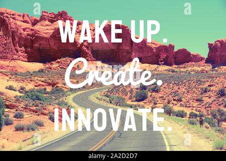 Aufwachen, Erstellen, innovative High-Tech-Startup inspiration Poster. Stockfoto