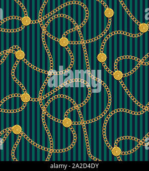 Nahtlose Muster mit modernen goldenen Ketten auf gesäumt von grünen und blauen Hintergrund. Design für Textildruck. Stockfoto