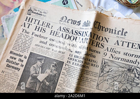 Hitler Attentat in den Nachrichten Chronik, 21. Juli 1944, Titelseite Stockfoto